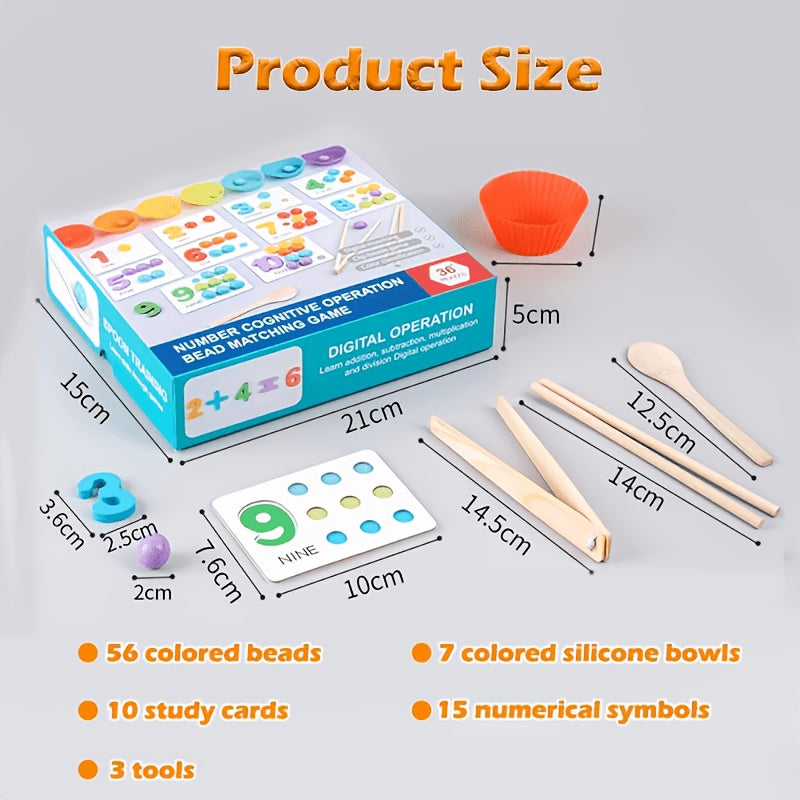Colorful Wooden Bead Counting Set with Tweezers, Number Puzzle & Matching Cards – Fine Motor Skills Toy for Toddlers, STEM Learning Gift for Kids Ages 3+