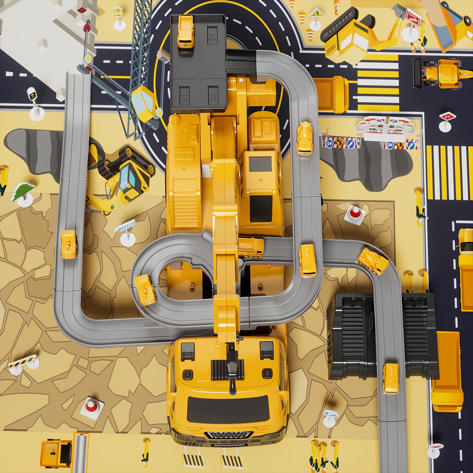 3-in-1 Construction Vehicle Toy Set Crane Excavator Racing Track with 8 Cars Lights Sounds STEM Playset for Kids Boys Girls Toddlers Ages 3+ Birthday Christmas Gift