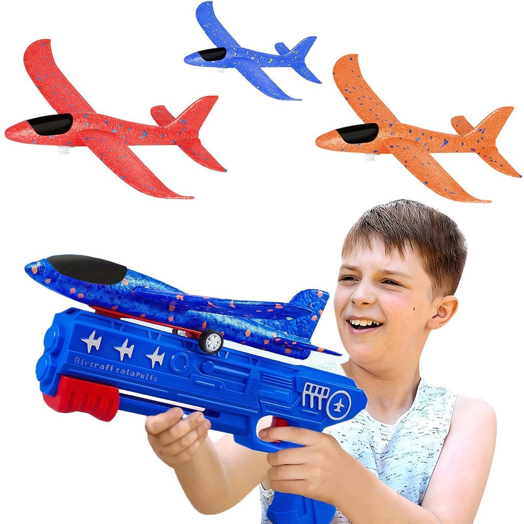 Airplane Launcher Toy 3 Planes 1 Shot – 2 Flight Modes Outdoor Flying Game with Customizable Stickers for Kids Ages 3-12 Birthday Christmas Gift