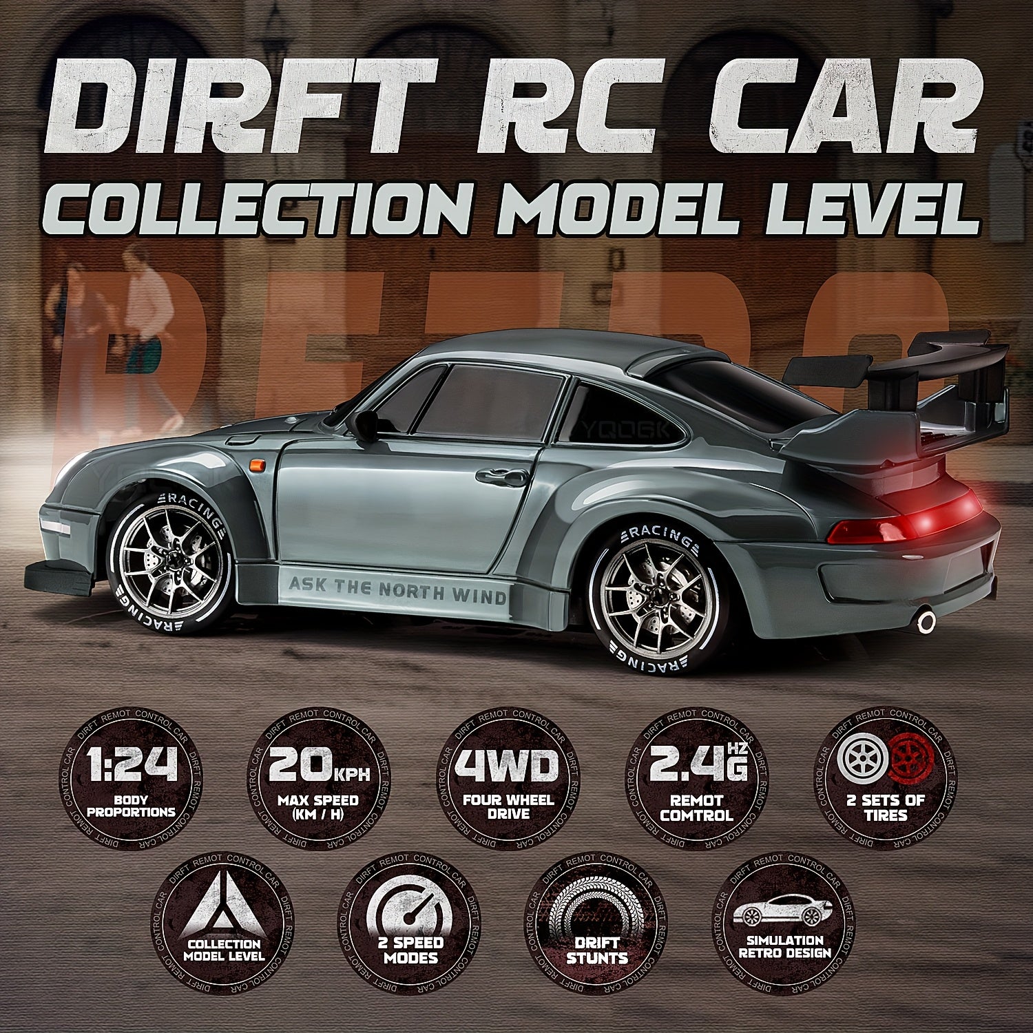 RC Drift Car 1:24 Scale High Speed Remote Control Drift Racing Car S814 Rechargeable Kids Boys Ages 8+ Birthday Christmas Gift Grey Light Purple