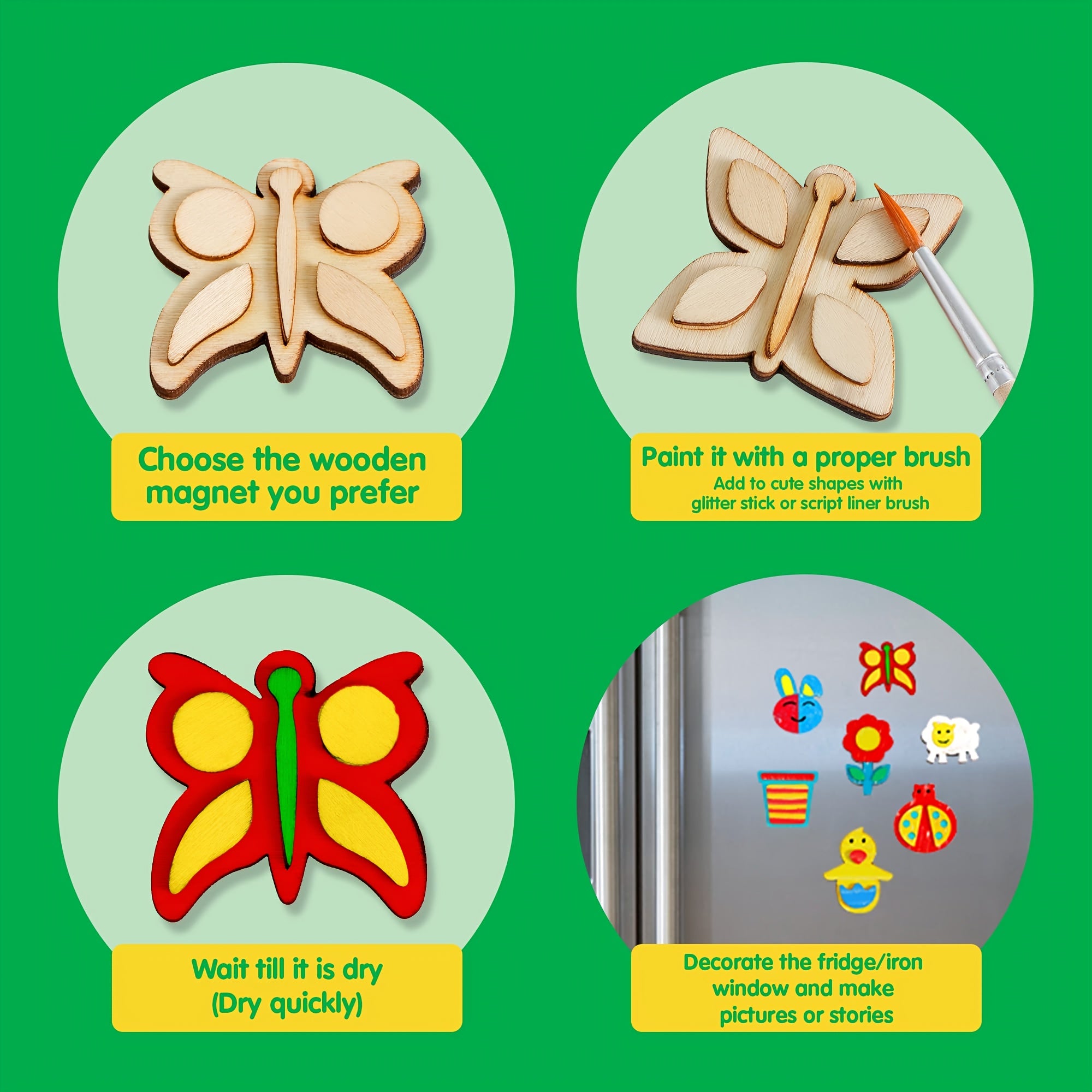 12 Wooden Magnet Painting Kit for Kids – DIY Arts & Crafts Set with Paint, Brush & Glitter Glue, Decorate Your Own Fridge Magnets, Easter Basket Stuffer, Birthday Party Favor for Boys Girls Ages 3+