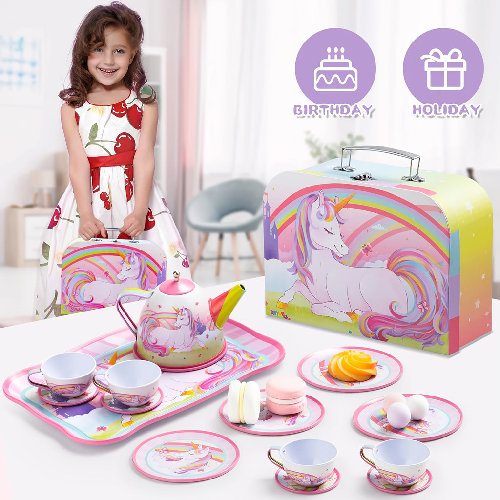 Unicorn Tea Party Set for Girls 15 Pcs Pretend Play Pink Tin Teapot Set with Carrying Case Toddler Tea Set Birthday Christmas Gift Ages 3 and Up