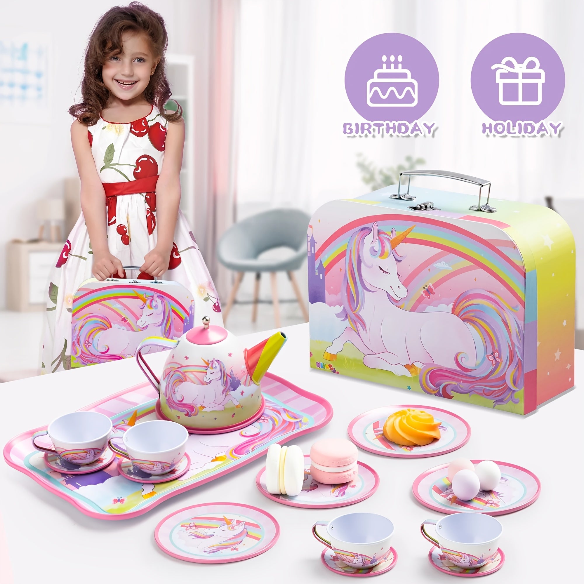 Unicorn Tea Party Set for Girls 15 Pcs Pretend Play Pink Tin Teapot Set with Carrying Case Toddler Tea Set Birthday Christmas Gift Ages 3 and Up
