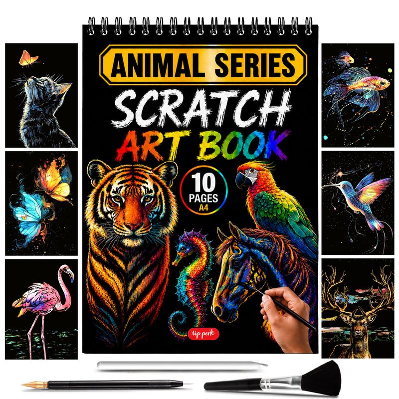 Scratch Art Book for Adults with Animal Designs, 10 A4 Foil Engraving Pages for Relaxing Screen-Free Crafts and Wildlife Art Gifts