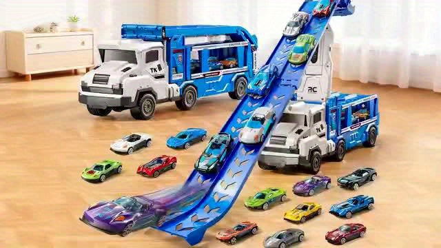 3-in-1 Kids Carrier Truck Toy with Car Tracks, 12 Racing Cars, Foldable Race Track & Garage – Toddler Birthday Gift for Boys Girls Ages 3+, Blue