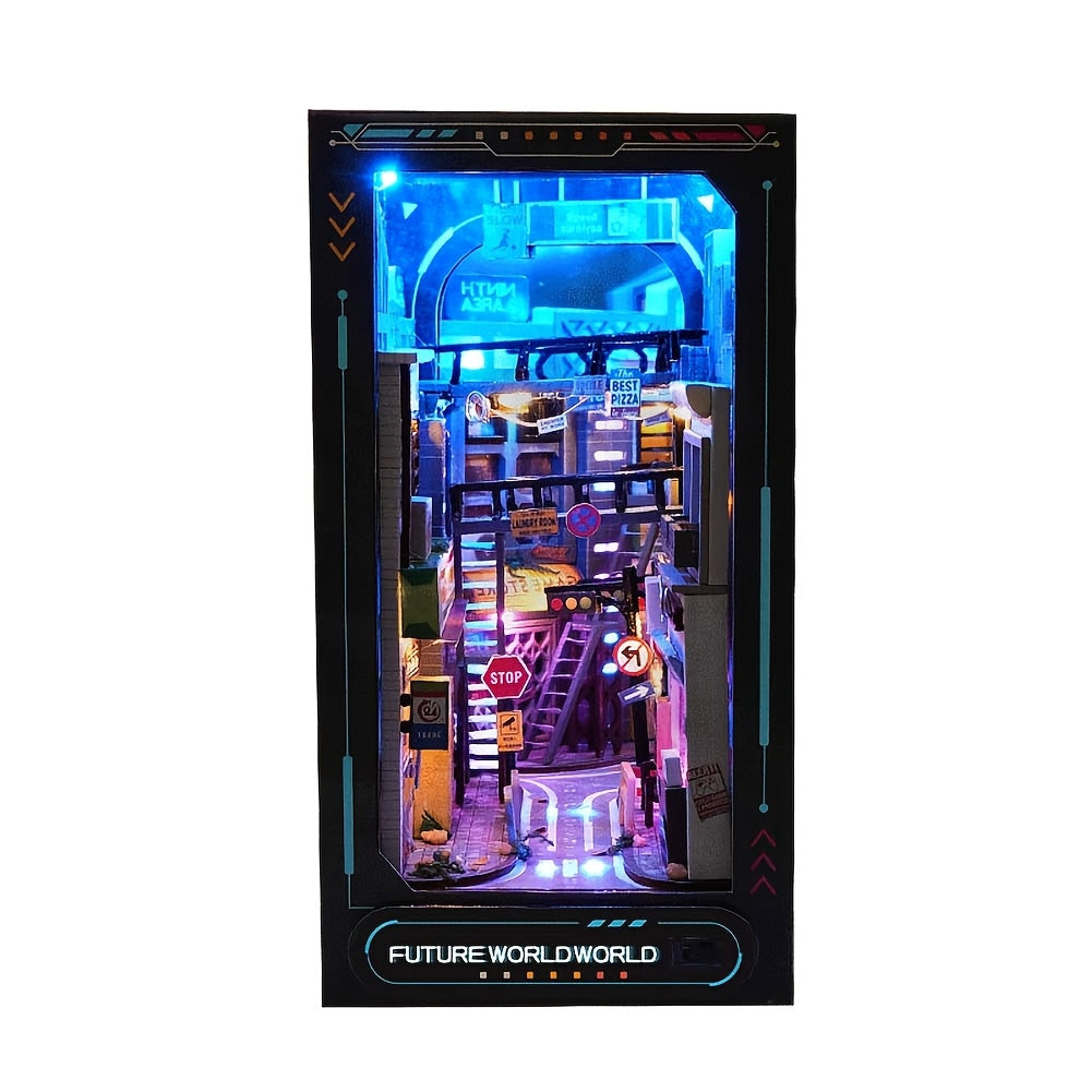 Book Nook Kit with Lights DIY Near Future Sci-Fi – 3D Wooden Miniature Dollhouse Bookshelf Insert Home Decor Gift for Teens Adults Birthday Christmas No Battery No Glue
