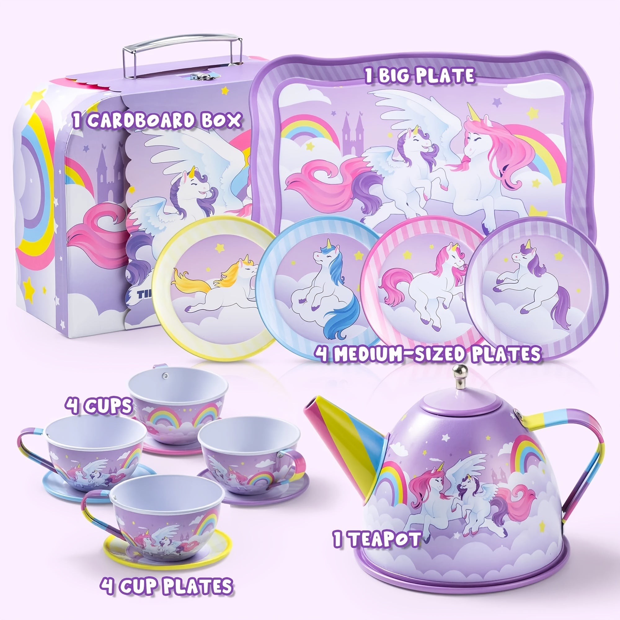 Unicorn Tea Party Set for Girls, Purple Tin Teapot Cups & Plates Pretend Play Kitchen Toy, Birthday Easter Gift for Toddlers Girls Ages 3+