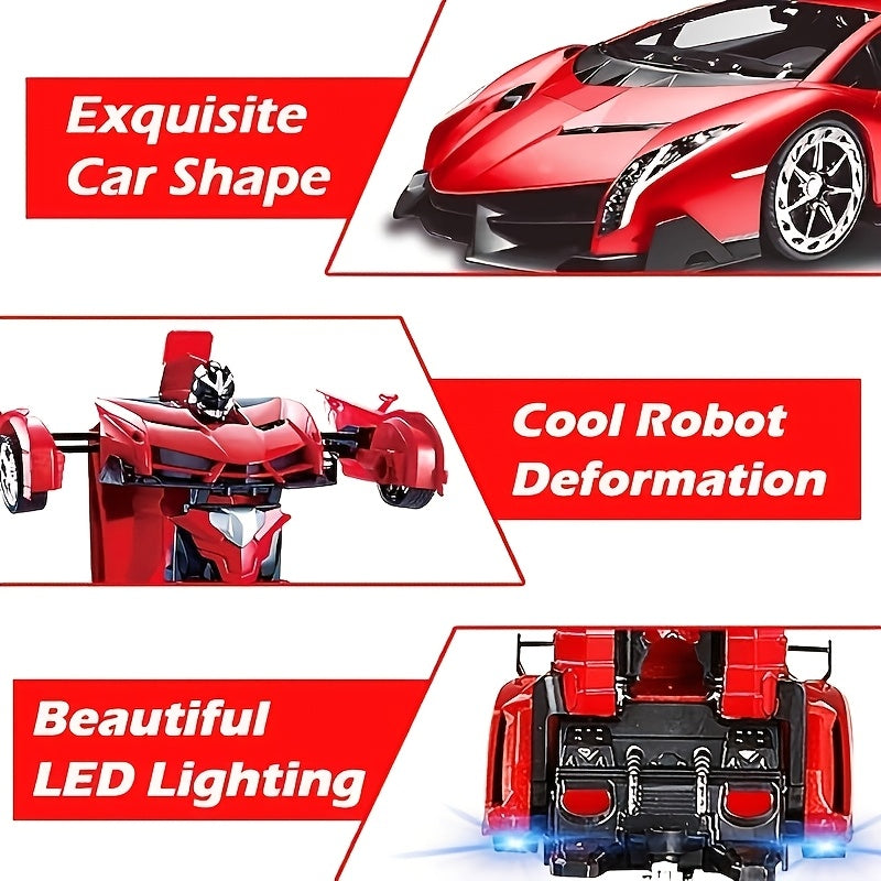 Transform Robot RC Car 1:18 Scale One-Click Car to Robot 2.4GHz 360 Drift LED Light 45M Range Non-Toxic ABS Kids Boys Ages 3+ Birthday Christmas Gift