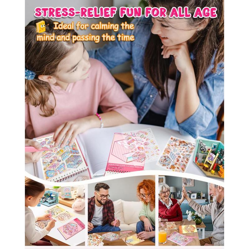 Isometric Sticker Scene Book for Adults, 20 DIY Miniature House and Shop Scenes with Cartoon Animals and Two Tweezers for Relaxing Crafts