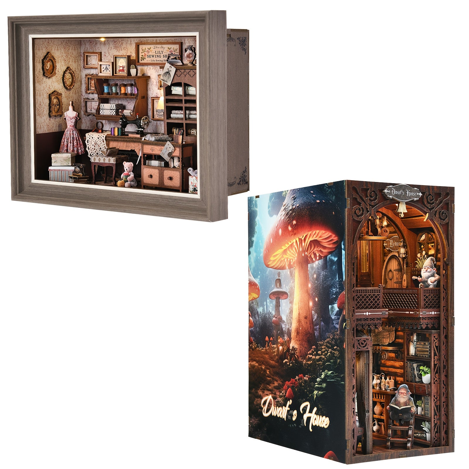 Book Nook Kit Sewing House 3D Wooden Puzzle Bookshelf Insert with LED – Miniature Model Building Kit, Cool Room Decor & Birthday Gift for Adults & Teens (Fireplace or Dwarf Style)