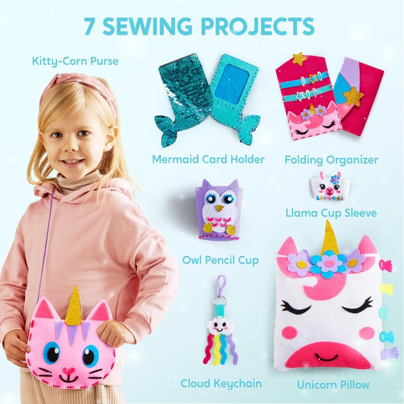 Kids Felt Sewing Kit 6 Beginner Projects Mini Pillows Keychains Card Holders DIY Craft Gift for Girls Boys Ages 6 Plus Birthday Christmas