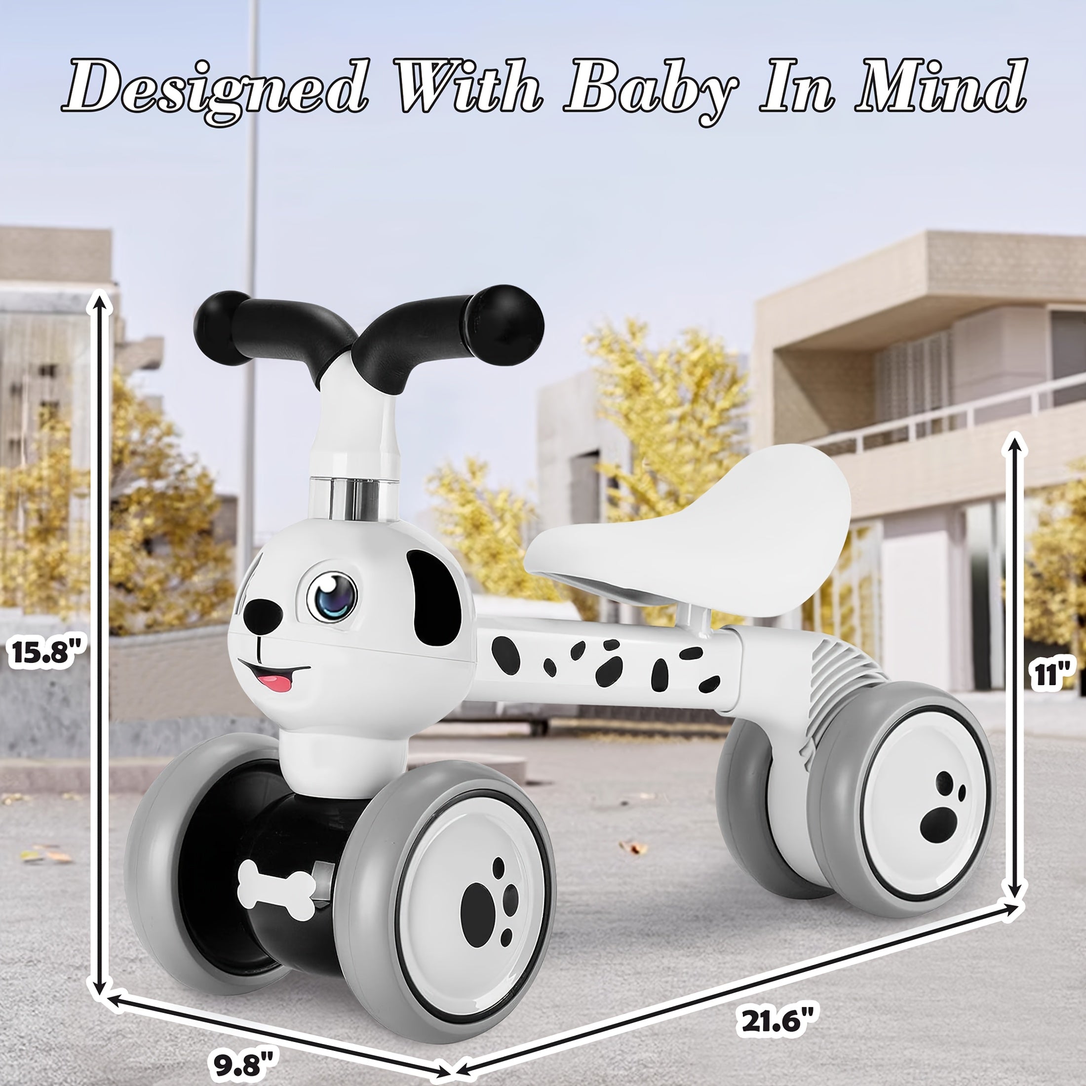 Toddler Balance Bike 10-36 Months – 4 Wheel No Pedal Baby Ride On Toy, Dalmatian Dog Style, Adjustable Seat & EVA Wheels – Best First Birthday Gift for Baby Boys & Girls