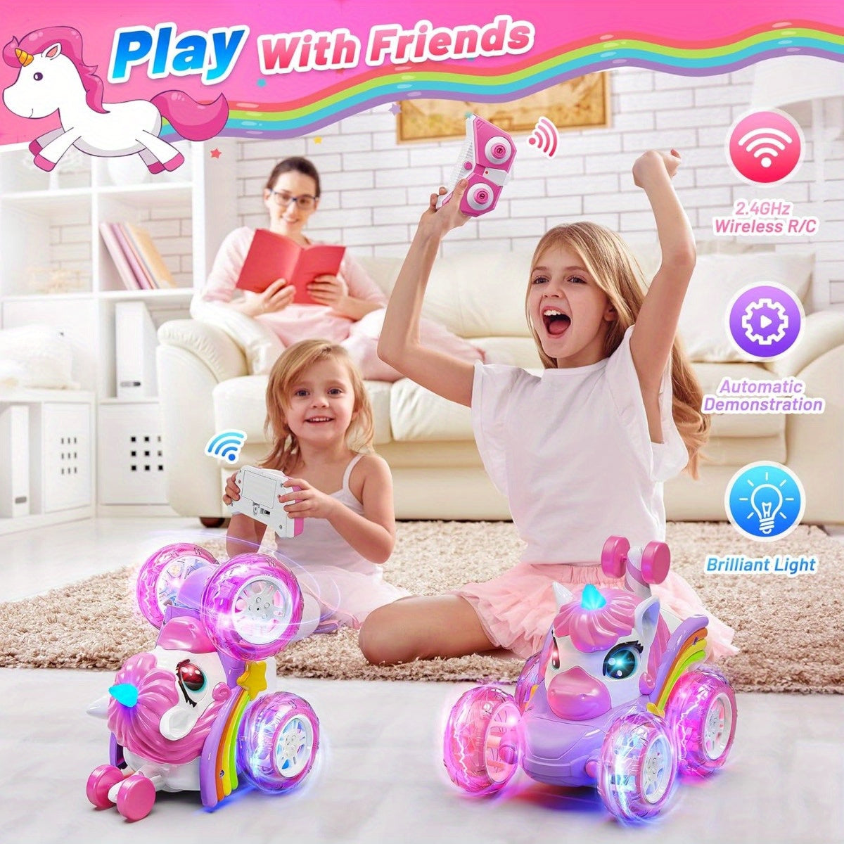Unicorn RC Car for Girls 360 Degree Stunt Remote Control Car 4WD Rechargeable LED Lights Indoor Outdoor Toy Kids Halloween Christmas Birthday New Year Gift