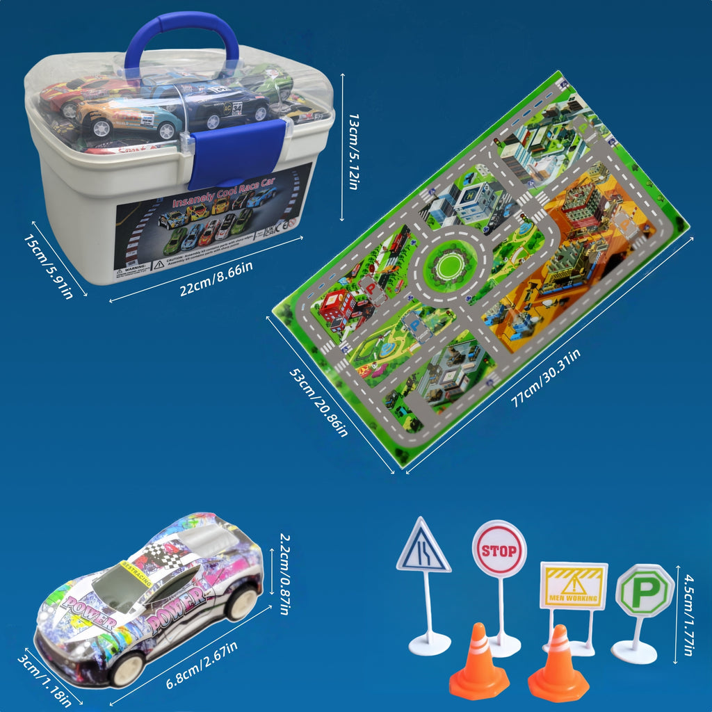 64pcs Mini Pull Back Toy Car Set 56 Vehicles City Map Traffic Signs Storage Box Kids Party Favors Boys Girls Ages 3+ Birthday Christmas Gift