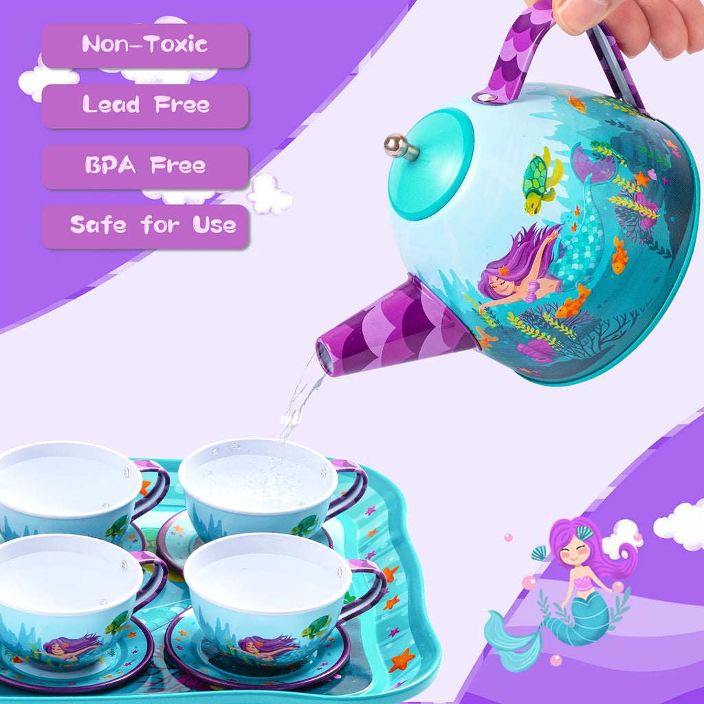 Mermaid Tea Party Set for Girls 14-Piece Tin Teapot Cups Plates Carrying Case Princess Pretend Play Kitchen Toy Kids Age 3+ Christmas Birthday Gift