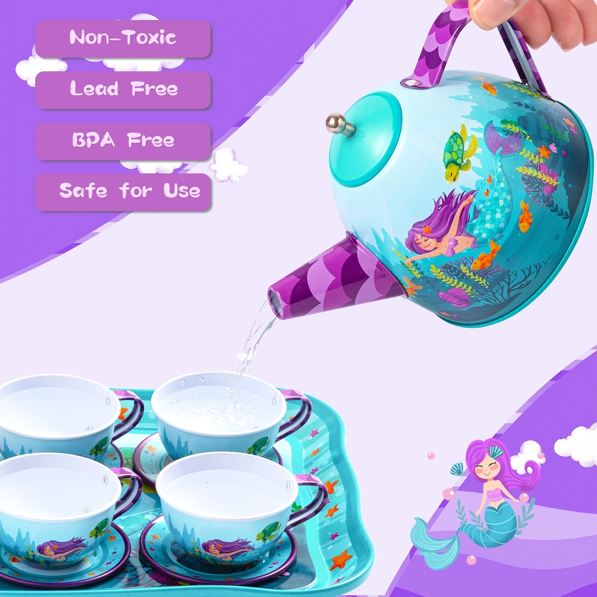 Mermaid Tea Party Set for Girls 14-Piece Tin Teapot Cups Plates Carrying Case Princess Pretend Play Kitchen Toy Kids Age 3+ Christmas Birthday Gift