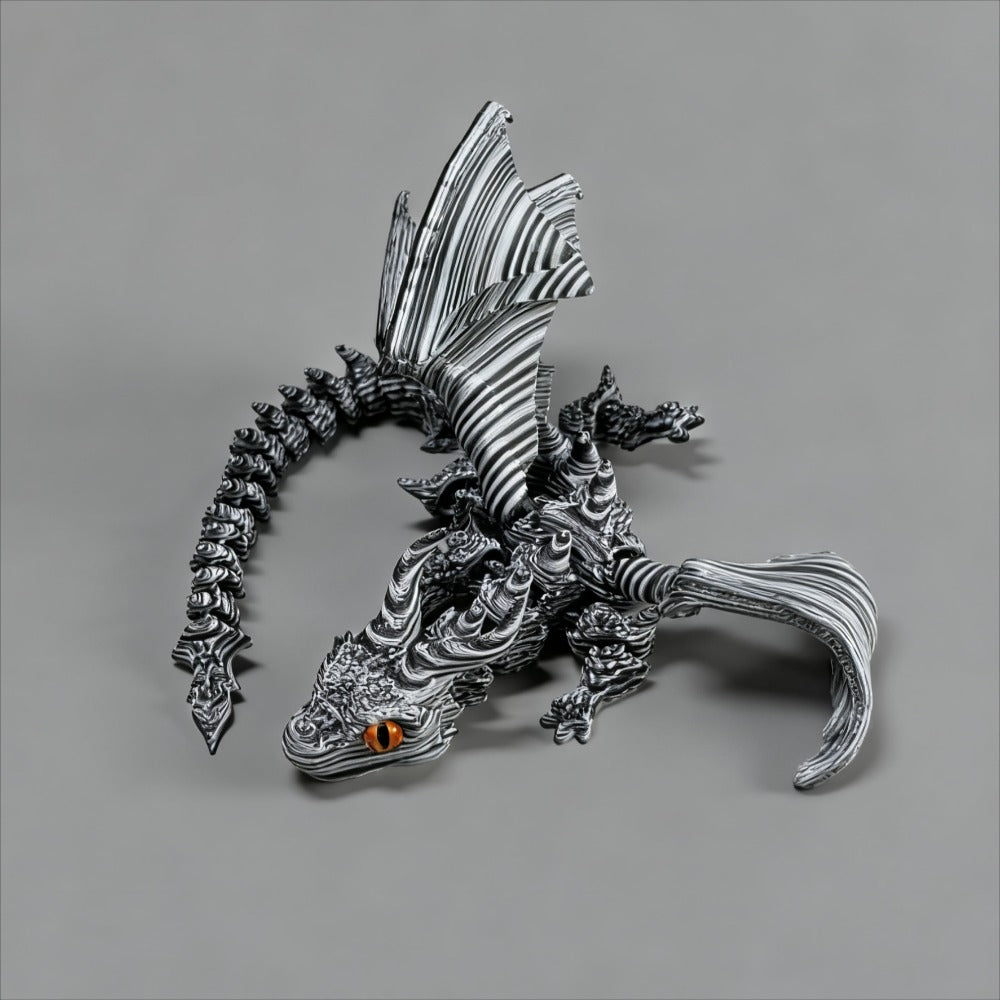 Articulated Cybernetic Dragon Statue 3D Printed Figurine – Black & White Swirl, Random Eye Color, Poseable Desktop Collectible Art Gift for Dragon Lovers & Teens