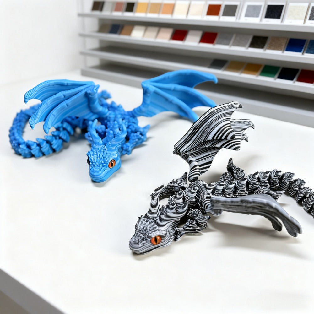 Articulated Cybernetic Dragon Statue 3D Printed Figurine – Black & White Swirl, Random Eye Color, Poseable Desktop Collectible Art Gift for Dragon Lovers & Teens