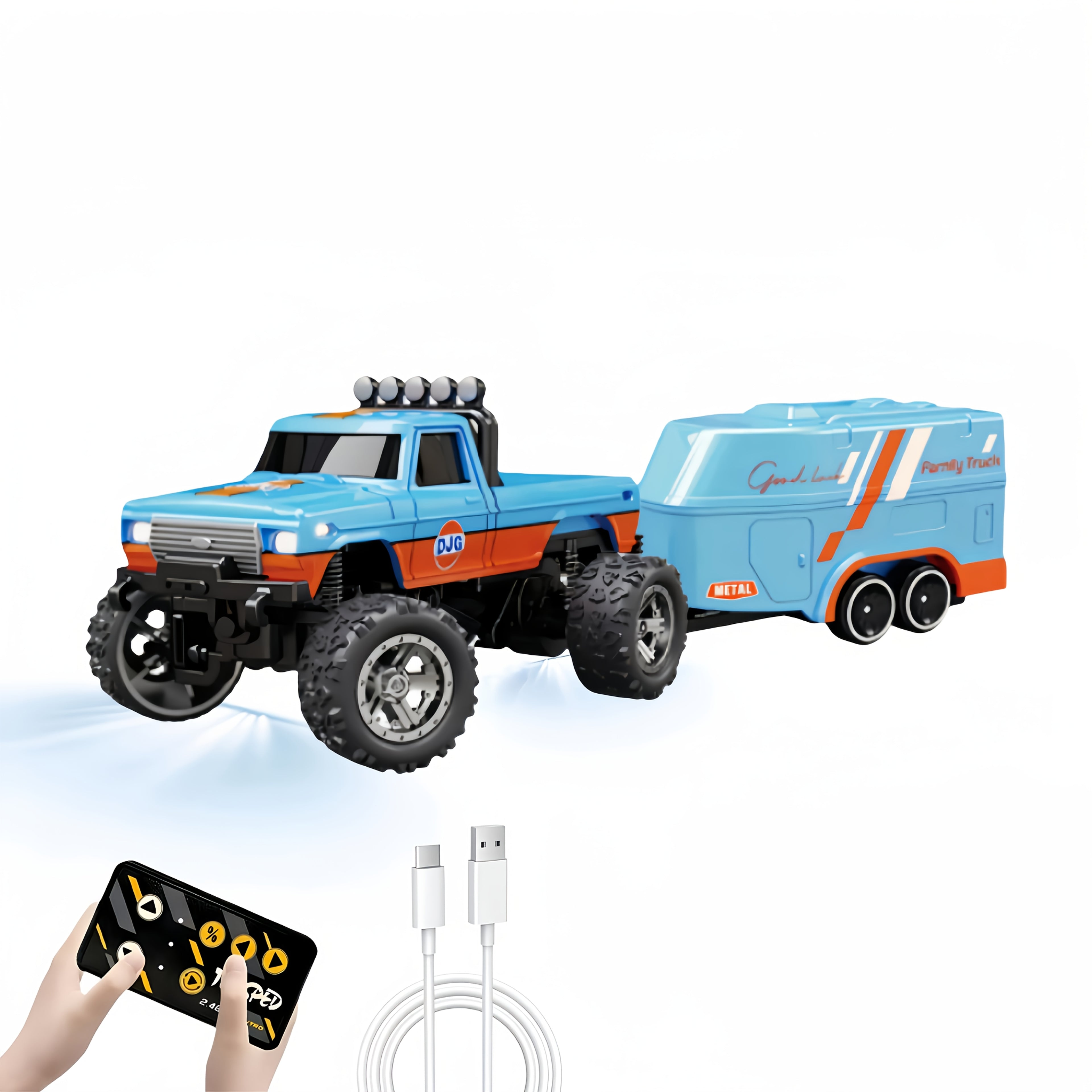 Mini RC Truck 1:64 Scale 2.4GHz Off-Road Alloy with Trailer Body Lights Headlights Adjustable Speed Crawler Collectible Holiday Gift Boys