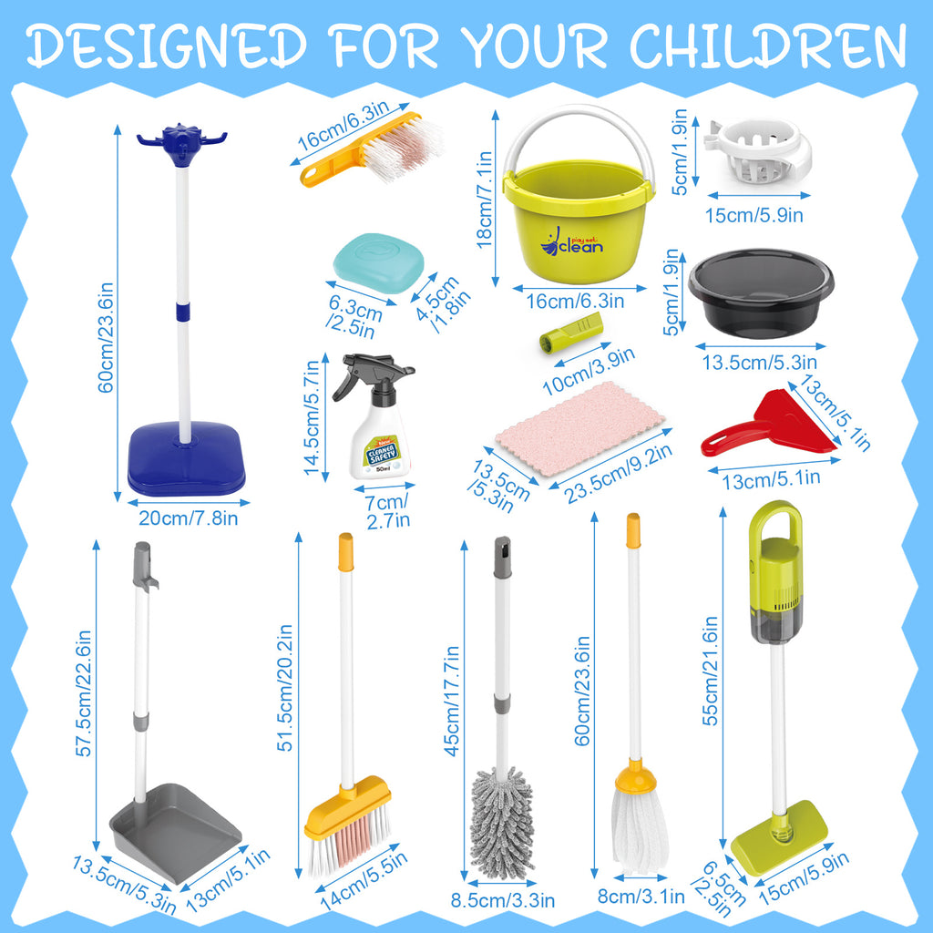 Kids Cleaning Toy Set 14 Pcs Pretend Play Housekeeping Playset with Electric Vacuum That Really Works Broom Dustpan Mop Birthday Gift Girls Boys