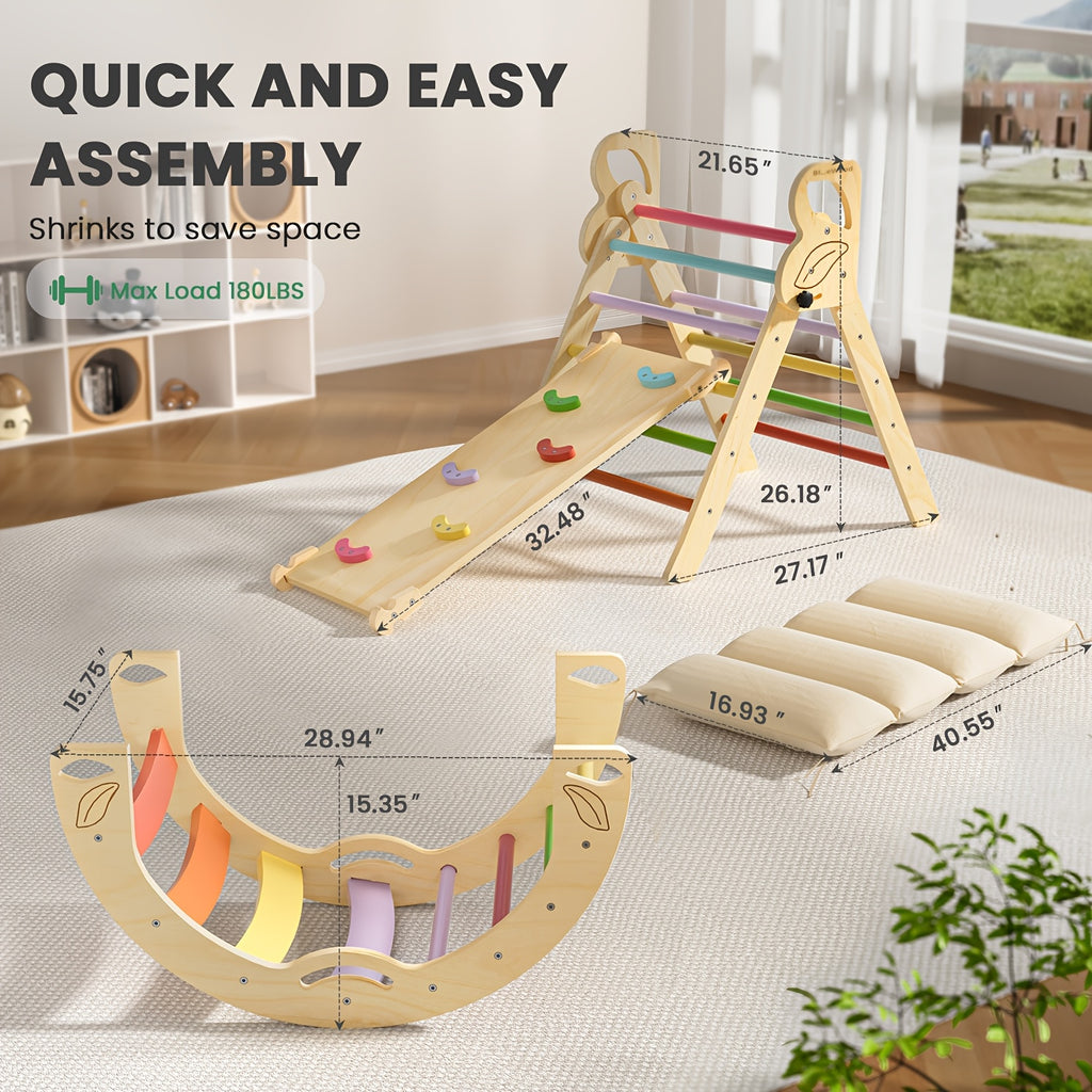 Pikler Triangle 8-in-1 Foldable Wooden Climbing Set Toddlers Indoor Jungle Gym with Slide Arch Rocker Montessori Toy Ages 1 2 3 4 5 Birthday Christmas Gift