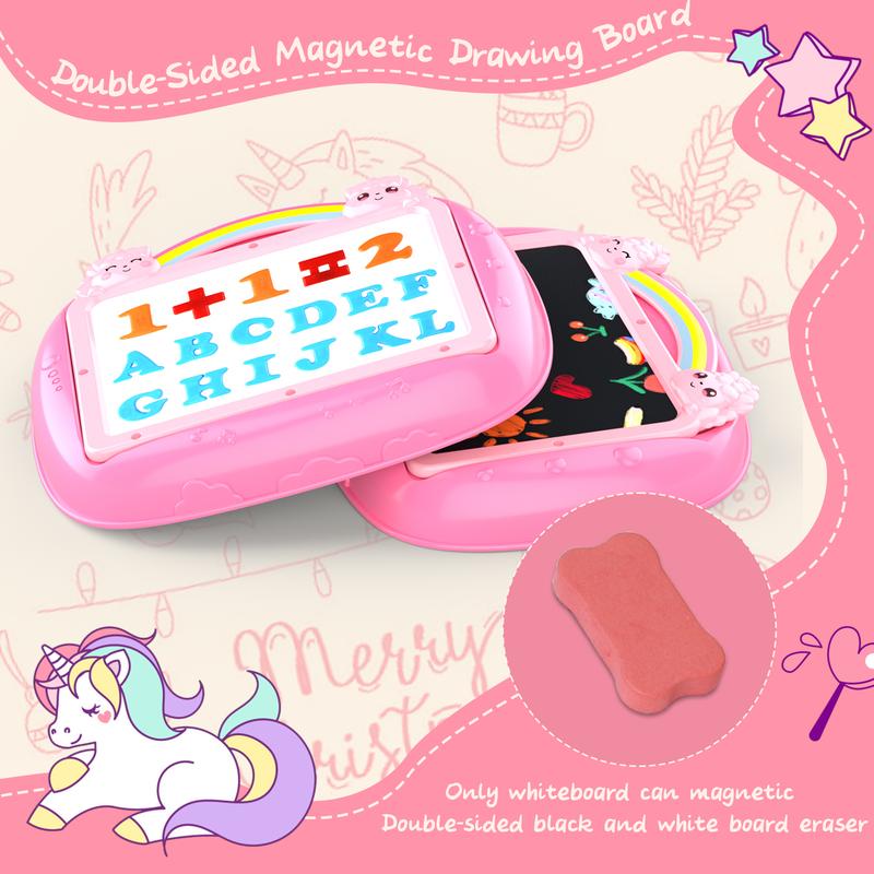 Double-Sided Magnetic Drawing Board for Toddlers, Unicorn Erasable Doodle Sketch Pad with Magnetic Letters and Numbers, Mess-Free Reusable Writing Easel, Early Learning Educational Toy for Girls Ages 1-3, Birthday Christmas Gift
