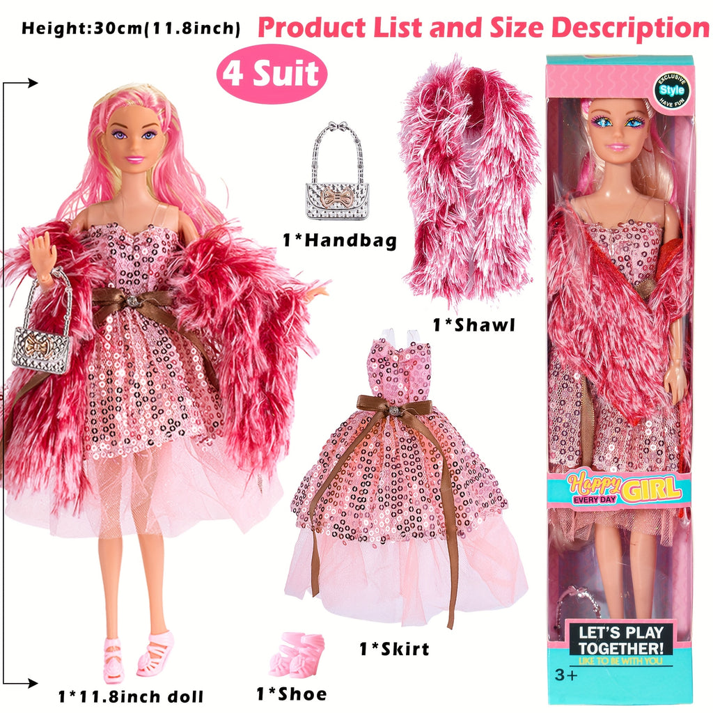 6 Pack 11.5 Inch Articulated Fashion Princess Dolls Playset – Poseable Joints, Outfits, Handbag, Crown, Necklace & Suitcase, Individual Gift Boxes, Complete Doll Set for Girls Ages 3+