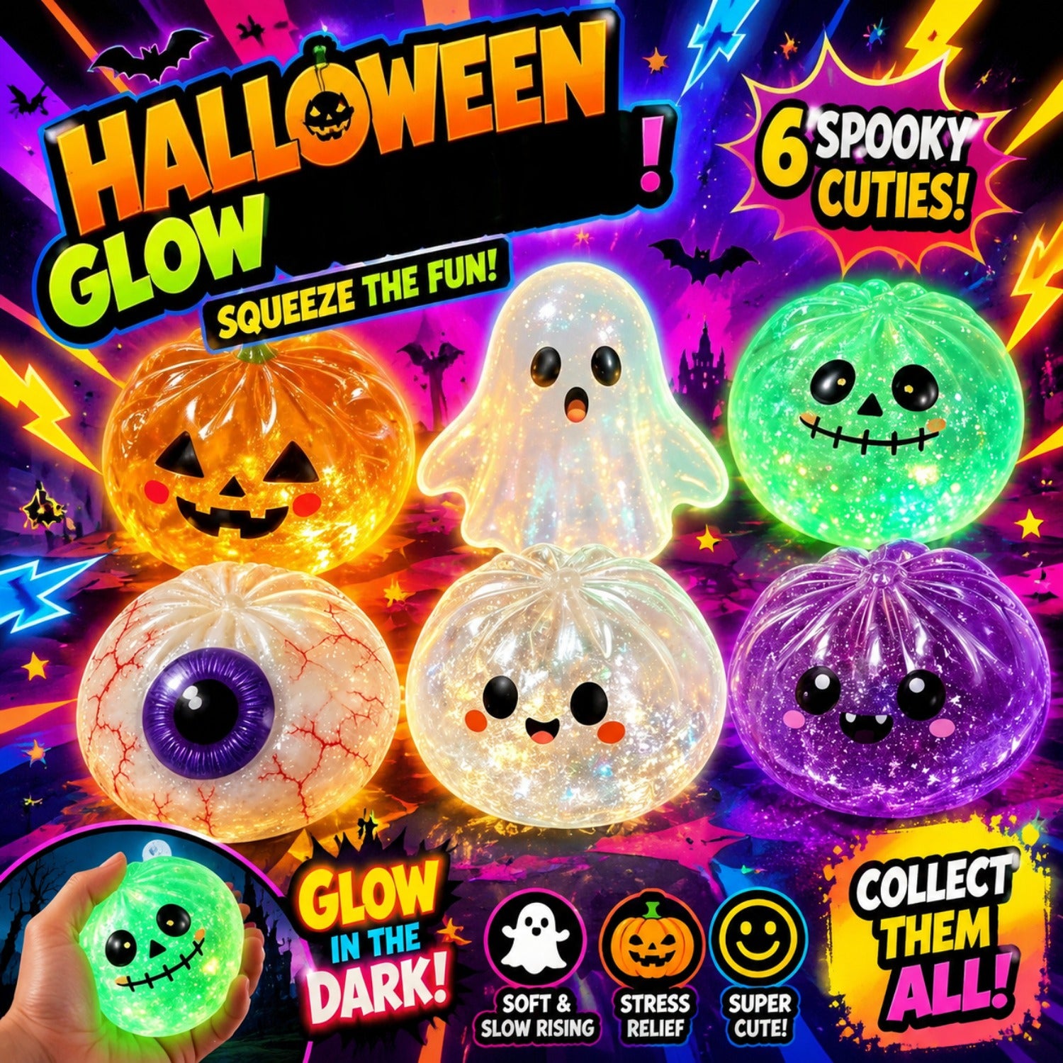 Glow in the Dark Squishy Toy Set 9pcs Halloween – Slow Rise Squeeze Stress Relief Dumpling Steamer Sensory Party Favor Kit Spooky Gift for Kids Adults