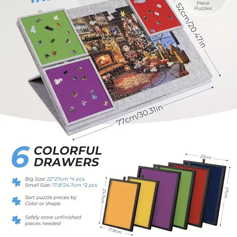 Felt Puzzle Board with 6 Colored Drawers & Tilting Stand – Portable 1000 & 1500 Piece Puzzle Table with 2-in-1 Bracket Cover for Adults