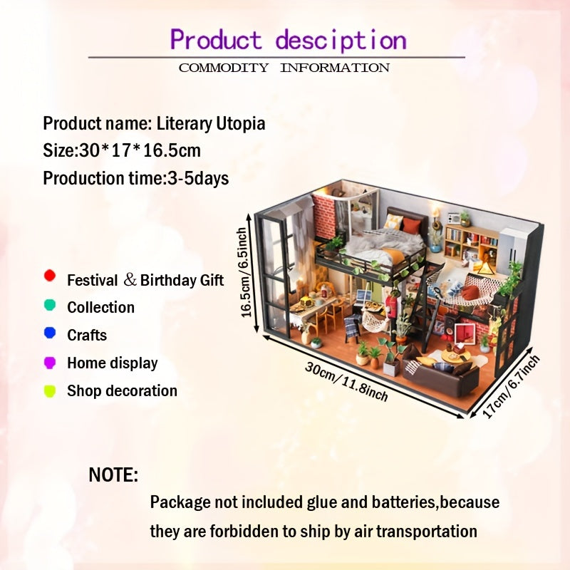 Literary Utopia DIY Dollhouse Kit 2-Story Miniature House with Dust Cover – Book Lover Cozy Reading Nook Handmade No Glue Needed Home Decor Display Gift for Teens Adults Ages 14+