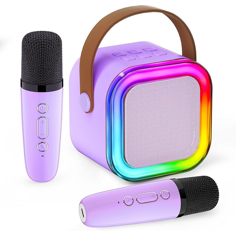 Mini Karaoke Machine for Kids with 2 Wireless Microphones, Bluetooth 5.4 Portable Speaker, 5 Voice Effects and Colorful Lights for Family Parties