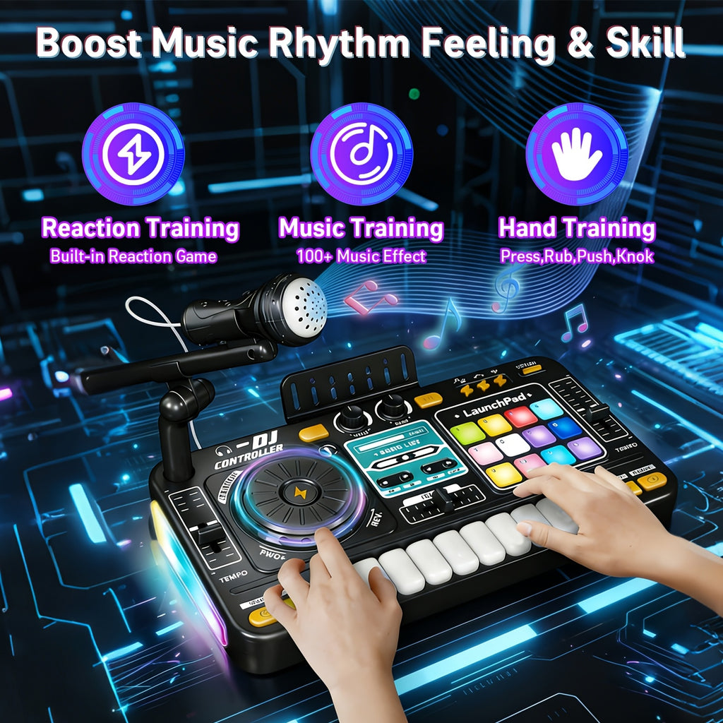 Kids DJ Mixer Toy Set with LED Lights Microphone Piano Keys 100+ Sound Effects Rechargeable Interactive Music Controller for Boys Girls Birthday Gift