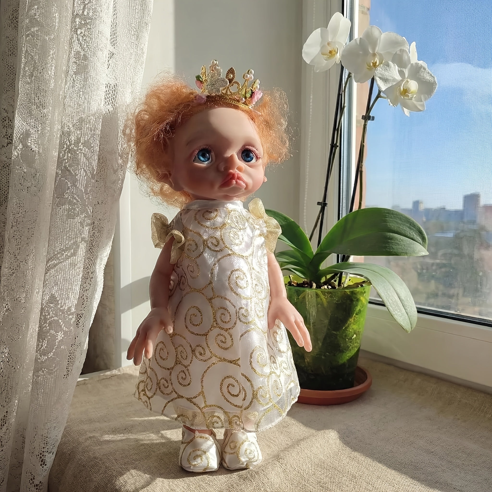 Fairy Elf Reborn Doll 15 Inch Fully Hand Painted Soft Vinyl – Poseable Bathable Rooted Hair Collectible Art Doll with Crown Halloween Christmas Easter Birthday Gift