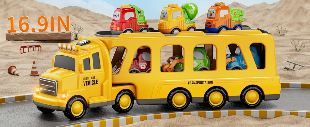 Transport Carrier Truck Toy 16.9 Inch with 6 Mini Cars Lights Sounds Construction Vehicle Playset for Kids Boys Girls Toddlers Ages 3+ Birthday Christmas Gift