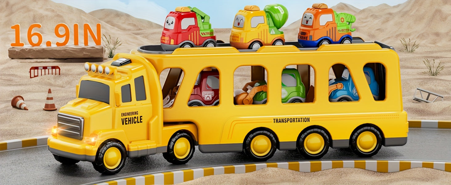 Transport Carrier Truck Toy 16.9 Inch with 6 Mini Cars Lights Sounds Construction Vehicle Playset for Kids Boys Girls Toddlers Ages 3+ Birthday Christmas Gift