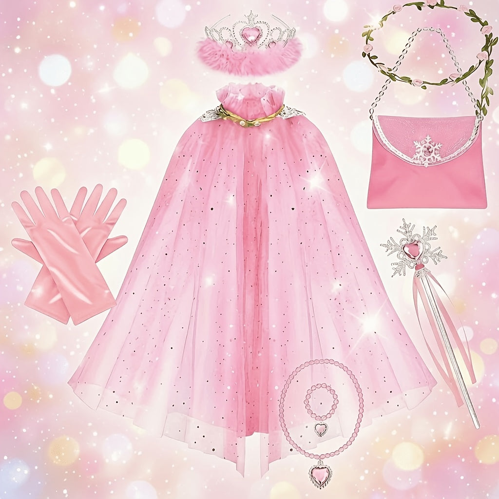 Princess Cape Dress Up Set 12pcs for Girls with Purse Gloves Tiara Jewelry Headband – Kids Costume Accessories for Birthday Halloween Christmas Cosplay Party Gift
