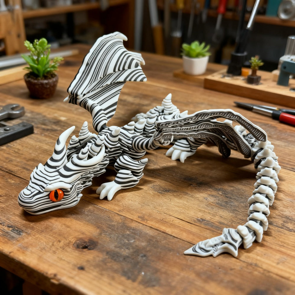 Articulated Cybernetic Dragon Statue 3D Printed Figurine – Black & White Swirl, Random Eye Color, Poseable Desktop Collectible Art Gift for Dragon Lovers & Teens