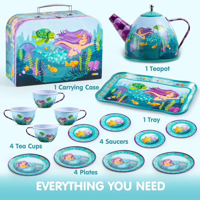 Mermaid Tea Party Set for Girls 14-Piece Tin Teapot Cups Plates Carrying Case Princess Pretend Play Kitchen Toy Kids Age 3+ Christmas Birthday Gift