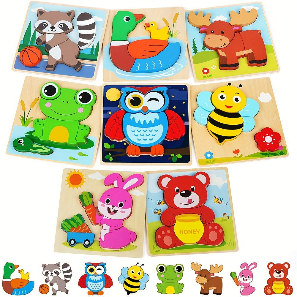 Animal Wooden Puzzle Set for Toddlers 8 Pack – Baby Jigsaw Puzzles Ages 12M+, Color & Shape Learning Toy for Boys Girls, Preschool Educational Gift for Christmas Birthday Thanksgiving