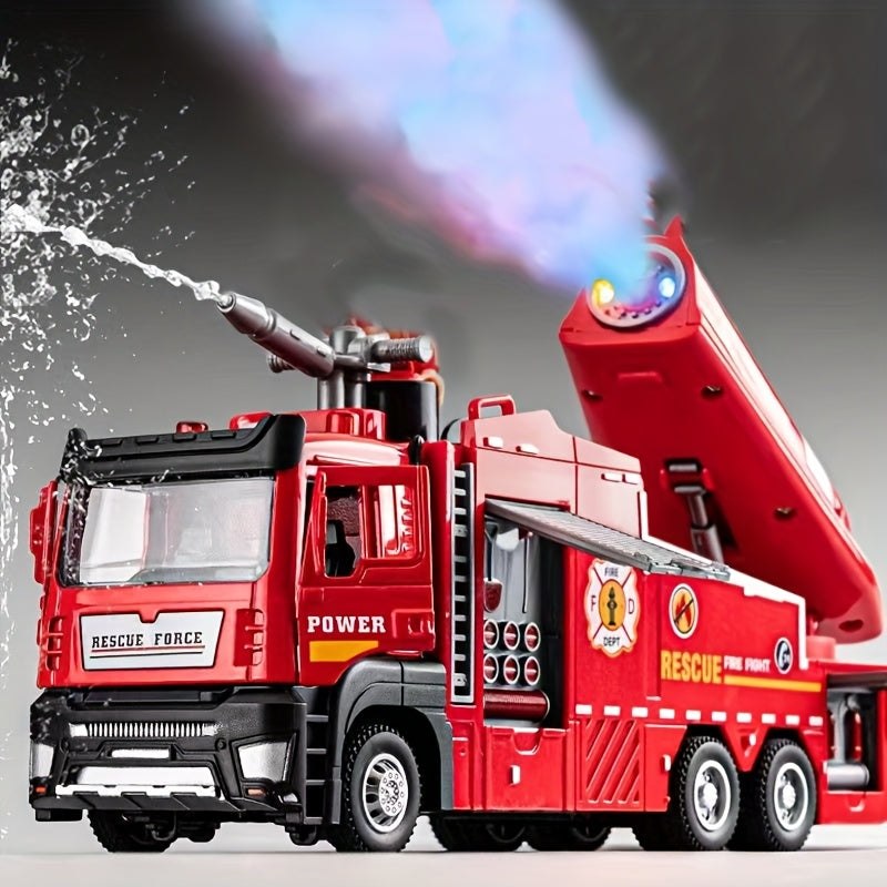 Die-Cast Fire Truck Toy with Water Mist Spray Lights Sounds Pull Back Zinc Alloy Fire Rescue Vehicle for Kids Boys Girls Ages 3+