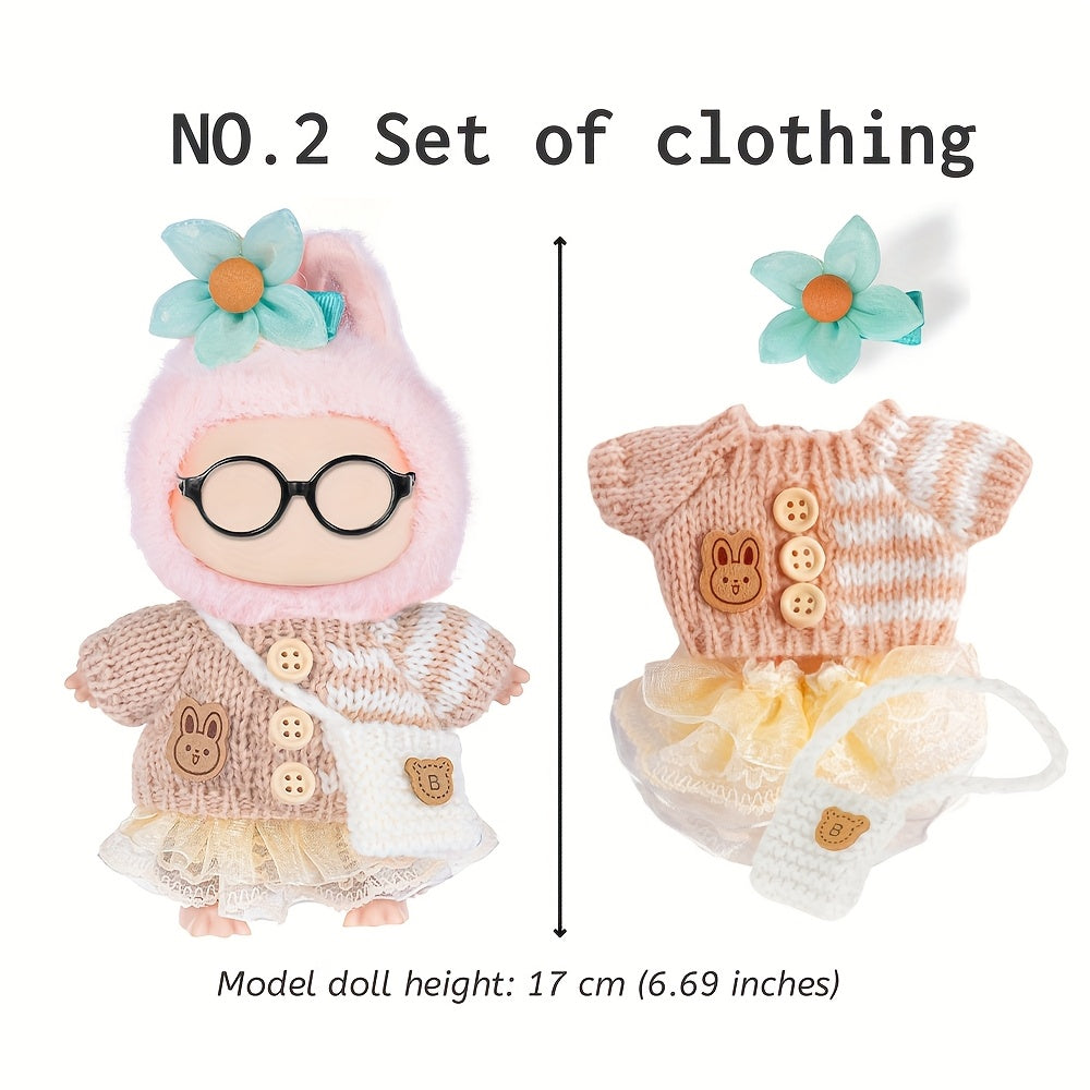 Labubu Doll Clothes 3 Sets for 17cm Plush Dolls – Knit Tops Bubble Tulle Skirts Floral Hair Clips & Bags Blue Beige Pink Complete Fashion Outfits Gift Ages 3+