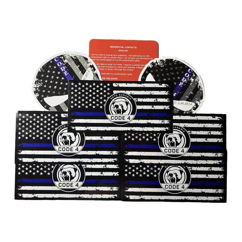 Thin Blue Line Decal Bundle by SGTO SARABIA, 5 American Flag Stickers and 2 Skull Decals, Waterproof UV-Resistant Vinyl with Free Bilingual Red Card