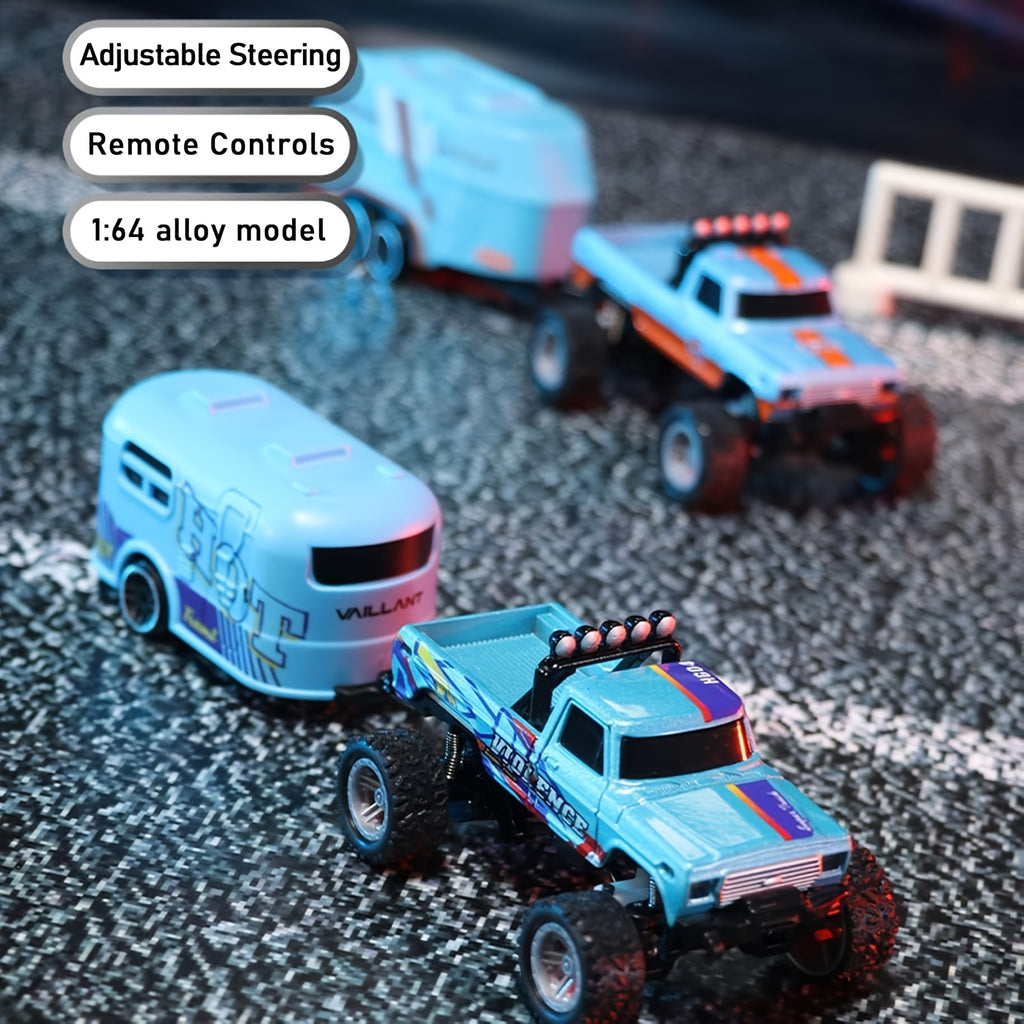 Mini RC Truck 1:64 Scale 2.4GHz Off-Road Alloy with Trailer Body Lights Headlights Adjustable Speed Crawler Collectible Holiday Gift Boys