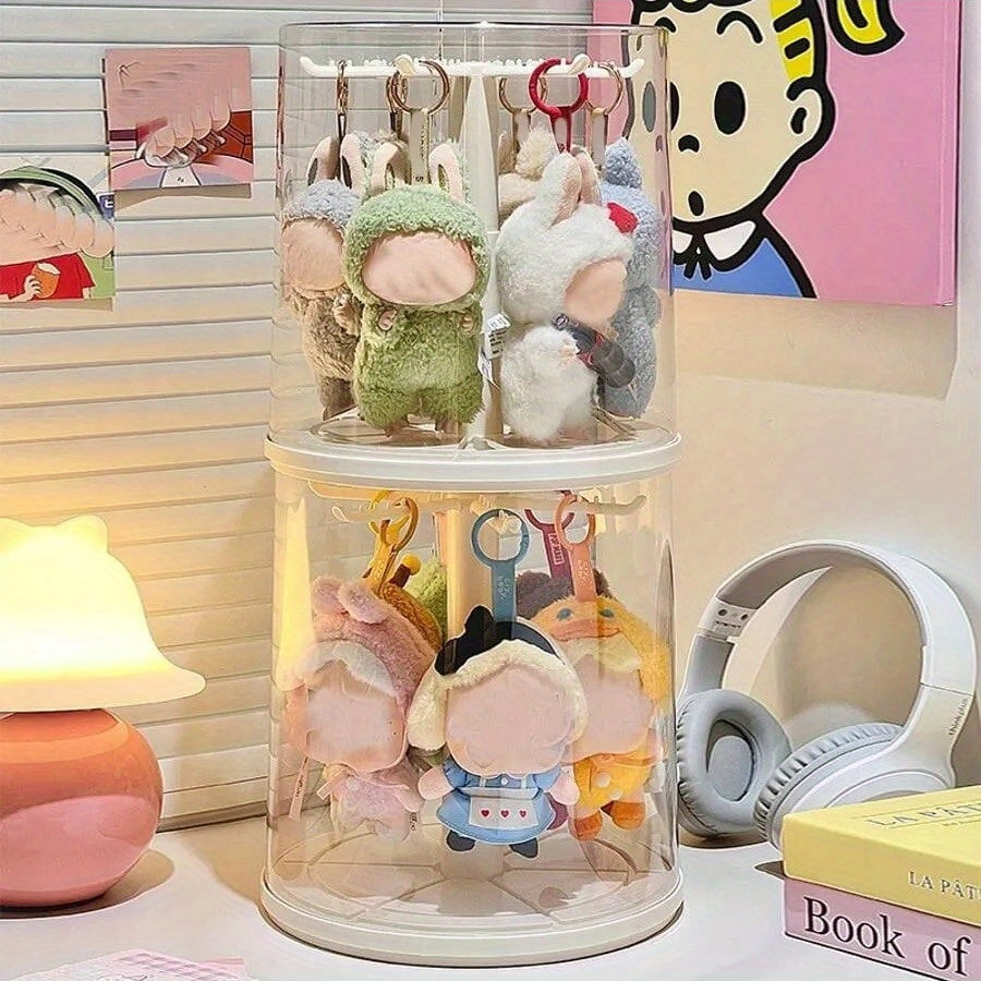 Rotating Display Case for LABUBU Figures 360 Degree Acrylic Box – Lidded Dust Cover Doll Storage with Multi-Layer Hanging Rack for Plush Toys Action Figures Blind Box Collectibles, White & Black