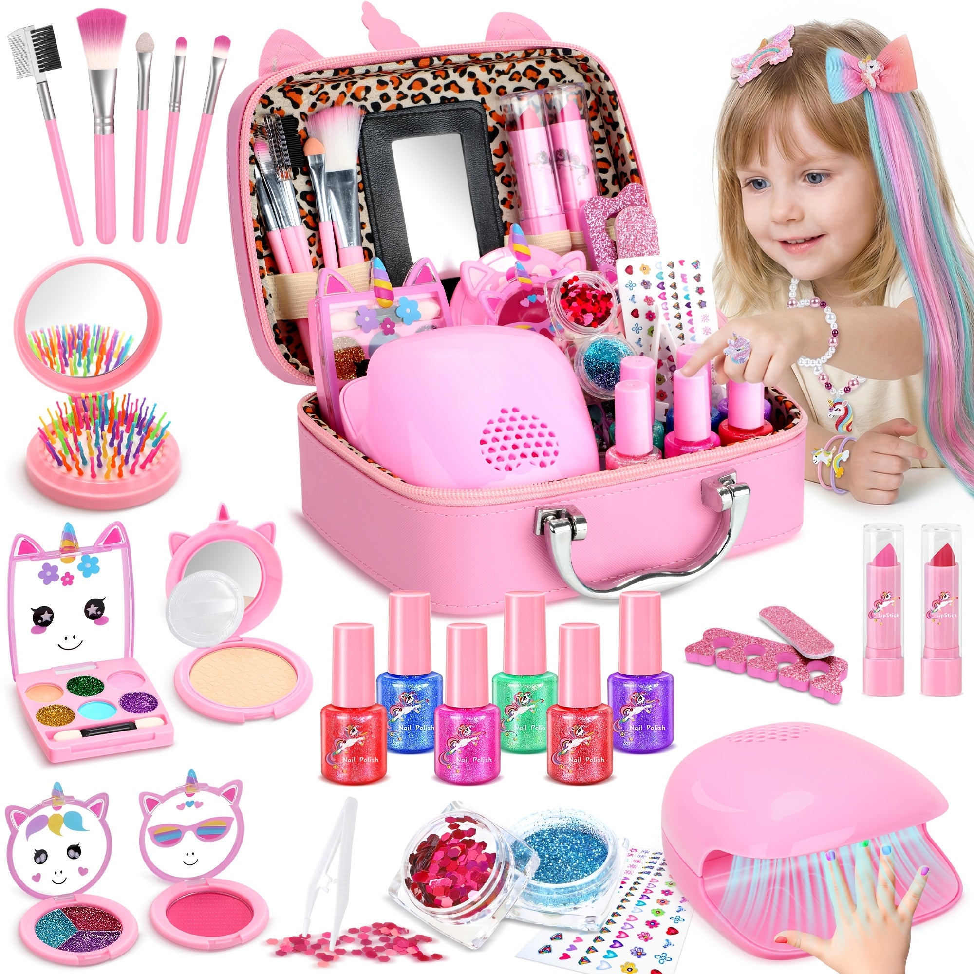 Kids Makeup Set for Girls – Non-Toxic Washable Pretend Cosmetic Kit with Nail Polish, Jewelry & Hair Accessories, Princess Dress-Up Gift Ages 3-8