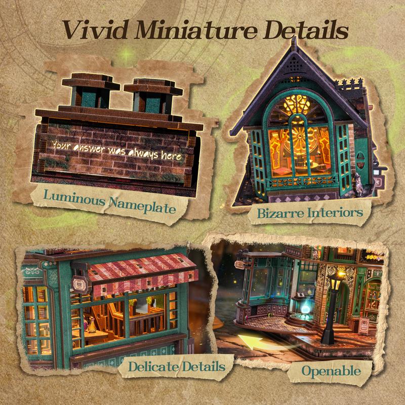Magic Bookstore 3D Wooden Puzzle Kit, FUNPOLA 447-Piece Spellbound Bookshop with Color-Changing LED Lights, DIY Miniature Gift for Adults & Teens