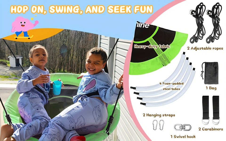 43" Large Saucer Swing for Kids, 360° Rotating Spinner Swing with Swivel, Adjustable Ropes & Hanging Straps, Outdoor Tree or Swing Set Accessory, Durable Round Disc Swing for Playground Backyard, Birthday Gift