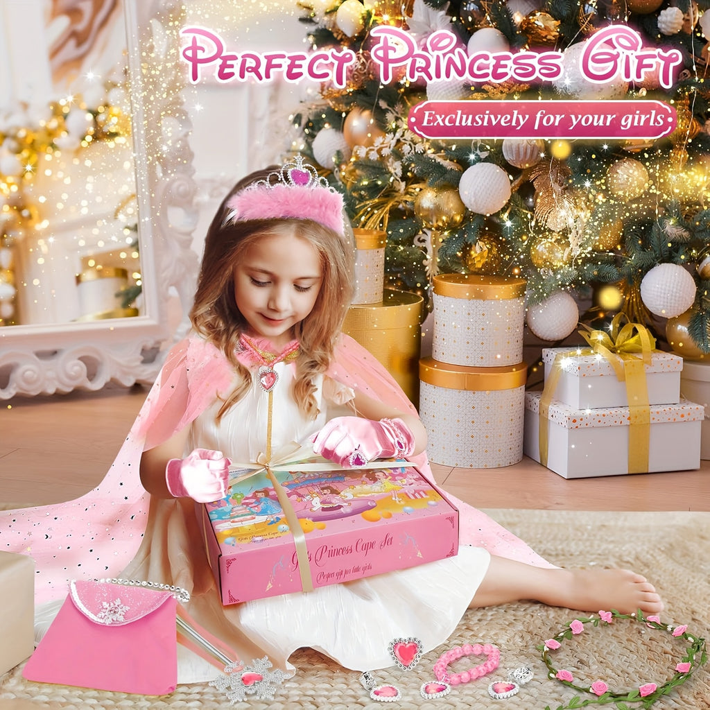 Princess Cape Dress Up Set 12pcs for Girls with Purse Gloves Tiara Jewelry Headband – Kids Costume Accessories for Birthday Halloween Christmas Cosplay Party Gift