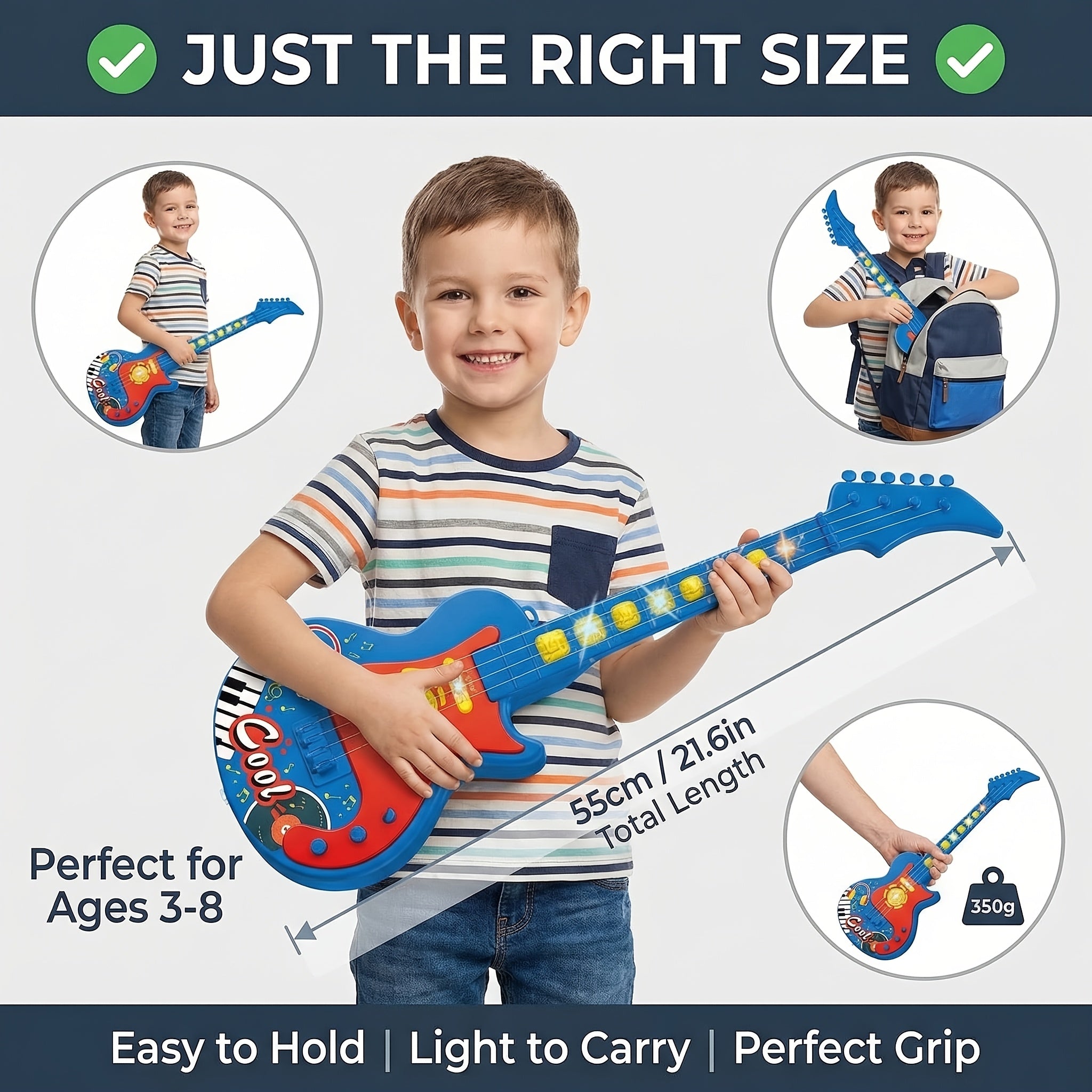 Kids Electric Guitar Toy with Microphone - Lights & Sound, Musical Instrument Toy for Boys & Girls, Beginner Guitar, Birthday Gift, Black Blue Pink