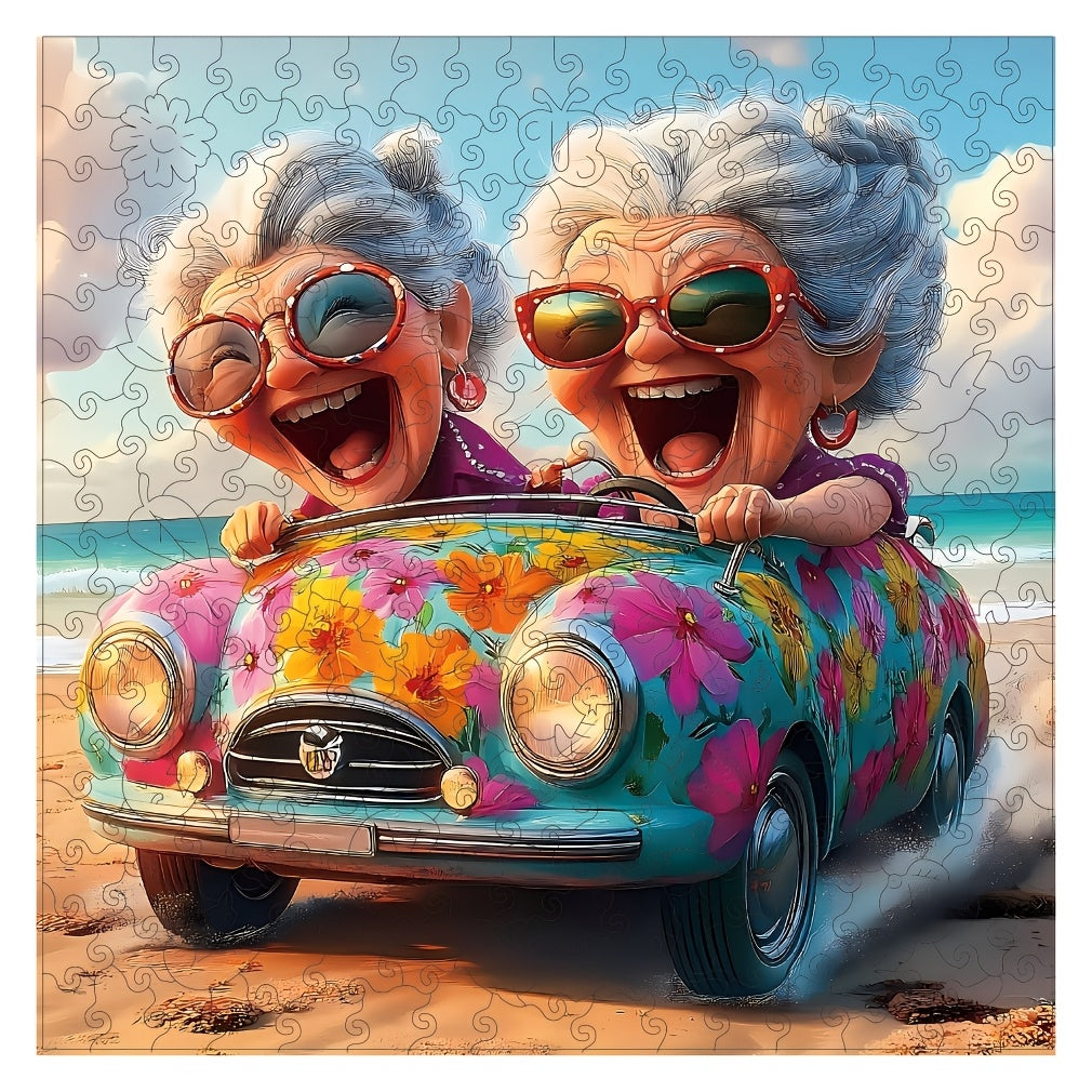 Happy Old Lady Wooden Jigsaw Puzzle – Irregular Animal-Shaped Unique Wood Puzzle, Modern Art Home Decor, Special Holiday Birthday Gift for Friends & Family